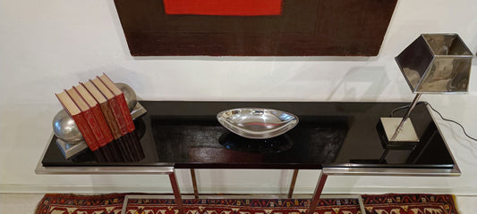 Console in Satin Steel with Glossy Black Top, 2000s