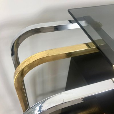 Console Table in Wood, Brass, Chrome and Smoked Glass, Italy, 1970s-LYQ-1171754