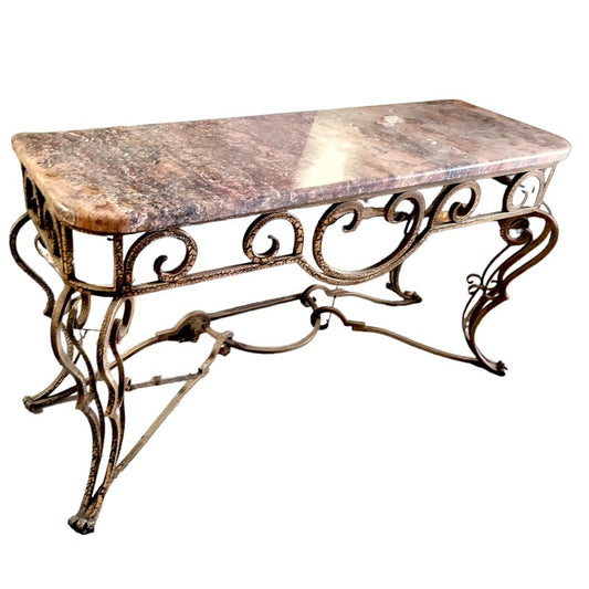 Console Table with Pink Marble & Wrought Iron Structure, Spain, 1970s