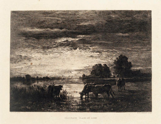 Constant Troyon, Paturage: Clair de Lune, Etching, 19th Century