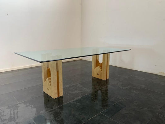 Constructivist Architectural Table in Travertine Marble and Oak, 1960s