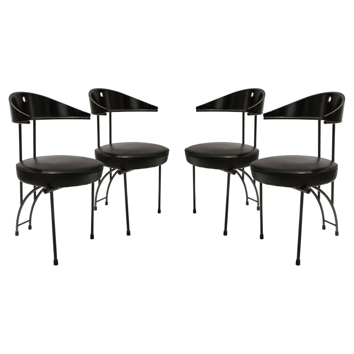 Contemporary Black Lacquered Iron Leatherette Chairs, Italy, 1980, Set of 4