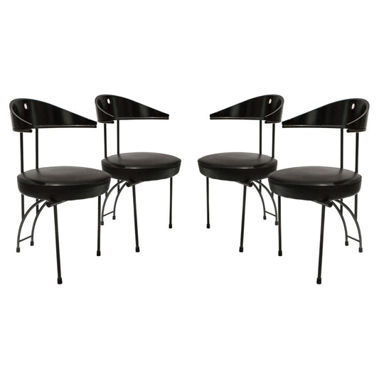 Contemporary Black Lacquered Iron Leatherette Chairs, Italy, 1980, Set of 4