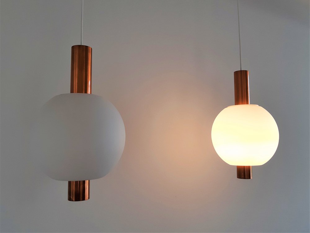 Copper and Glass Pendant Lamps from Hiemstra Evolux, 1960s, Set of 2