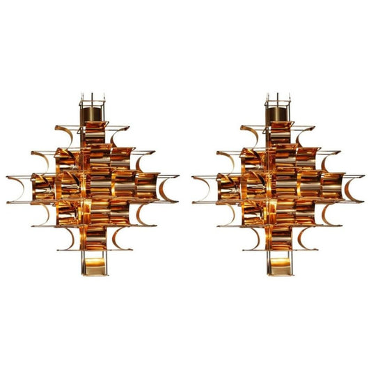 Copper Cassiope 9 Level Suspension Lamps by Sebastien Sauze, Set of 2