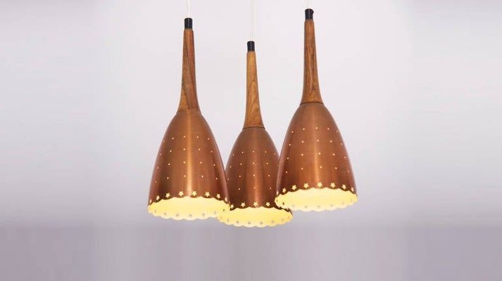 Copper Chandelier with Perforated Shades and Tropic Wood Details, 1950s-VLZ-632010