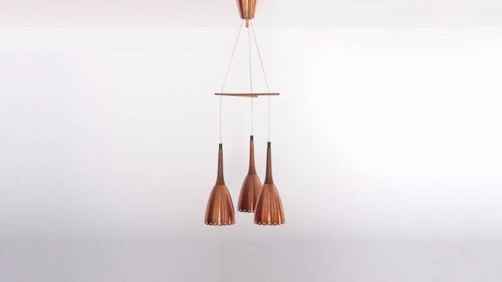 Copper Chandelier with Perforated Shades and Tropic Wood Details, 1950s-VLZ-632010