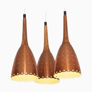 Copper Chandelier with Perforated Shades and Tropic Wood Details, 1950s-VLZ-632010