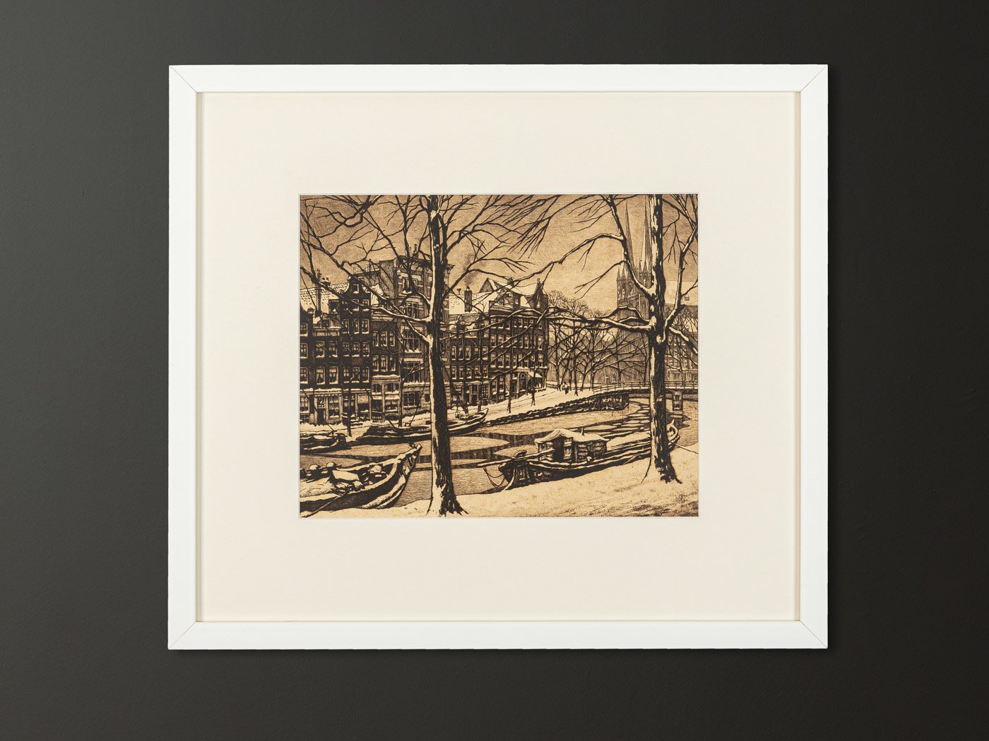 Cornelis Brandenburg, Amsterdam in Winter, Black & White Etching on Paper, Framed