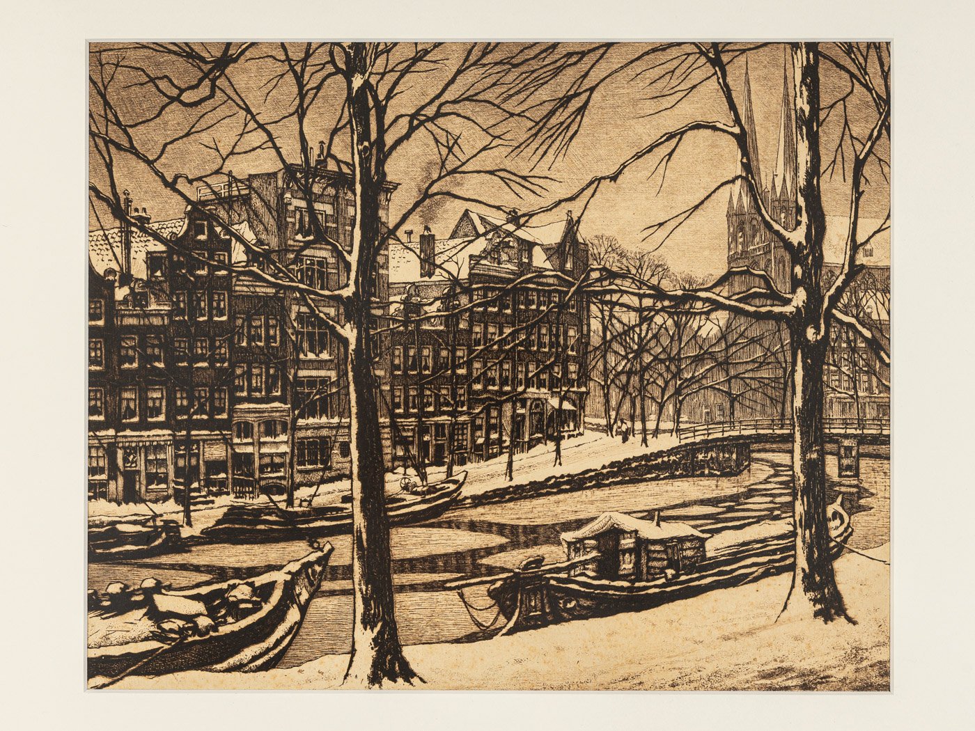 Cornelis Brandenburg, Amsterdam in Winter, Black & White Etching on Paper, Framed