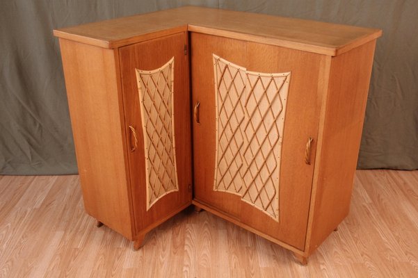 Corner Cabinet in Wood and Rattan, 1960s-KMQ-974580