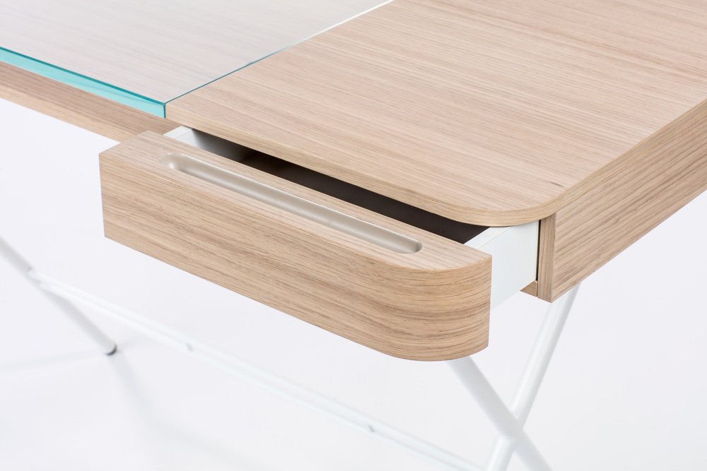 Cosimo Desk with Natural Oak Veneer and Glass Top by Marco Zanuso Jr. for Adentro, 2023