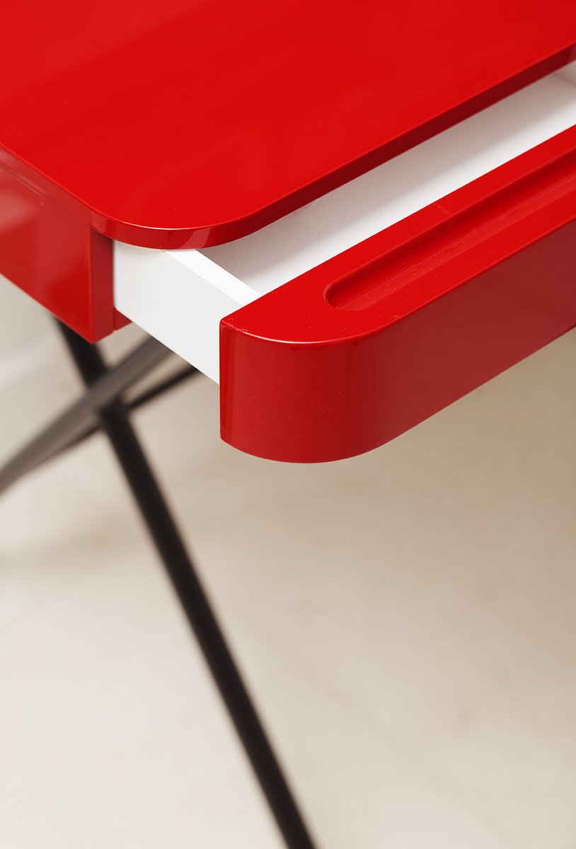 Cosimo Desk with Red Glossy Lacquered Top by Marco Zanuso Jr. for Adentro, 2017