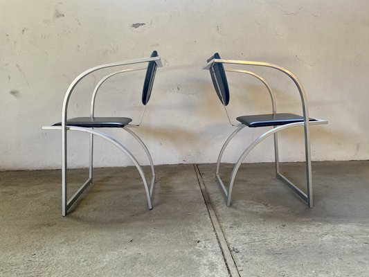 Cosinus Armchair Chairs in Raw Steel & Black Leather attributed to Karl Friedrich Förster for Kff, 1980s, Set of 2-PYR-1705292