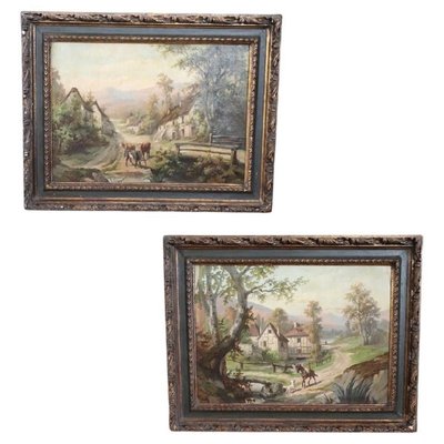 Country Town Landscape, 1890, Oil Painting on Canvas, Framed, Set of 2-DCO-2016103