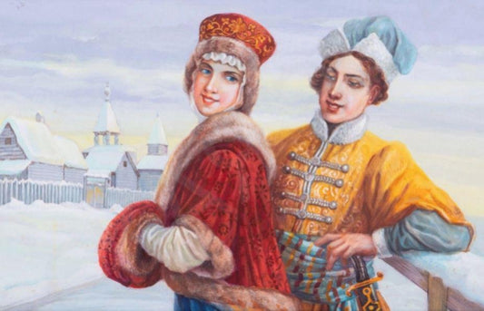 Courtship on the Winter Streets of Russia in the 16th-Century, Watercolor on Paper, Framed