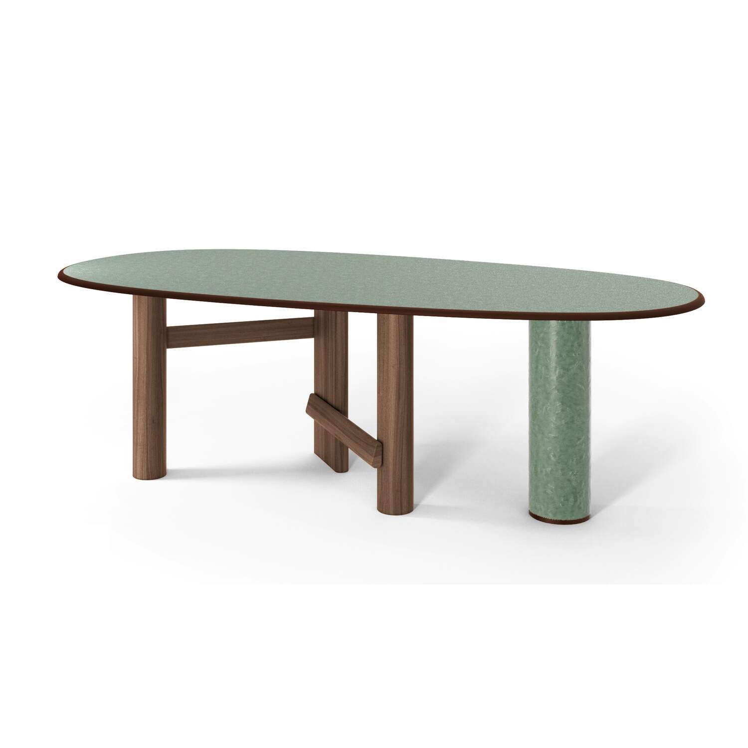 Sengu Oval Table by Cassina #Oval 230 x 116 / Porcelain Stoneware Top & Column / Wooden Leg / Canaletto Walnut / Green Porcelain Stoneware