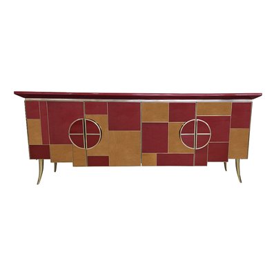 Credenza with 4 Doors in Bordeaux Red Glass and Mirror-BEW-1822760