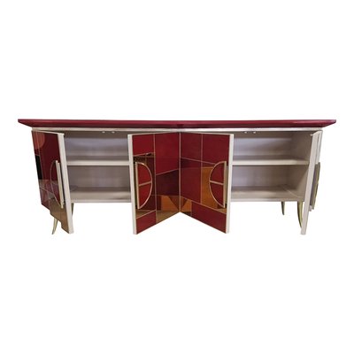 Credenza with 4 Doors in Bordeaux Red Glass and Mirror-BEW-1822760