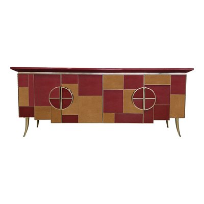 Credenza with 4 Doors in Bordeaux Red Glass and Mirror-BEW-1822760