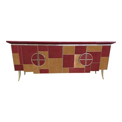 Credenza with 4 Doors in Bordeaux Red Glass and Mirror-BEW-1822760