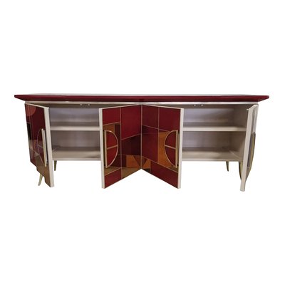 Credenza with 4 Doors in Bordeaux Red Glass and Mirror-BEW-1822760