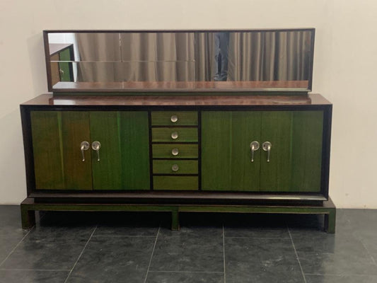 Credenza with Mirror in Rosewood & Maple with Green Aniline Futurist Handles, 1930s, Set of 2