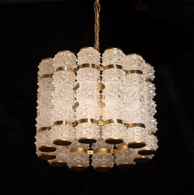 Crystal and Brass Cylinder Chandelier by Orrefors for Tyringe, Sweden, 1960s-JE-865633