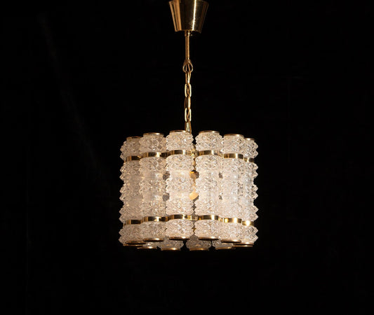 Crystal and Brass Cylinder Chandelier by Orrefors for Tyringe, Sweden, 1960s