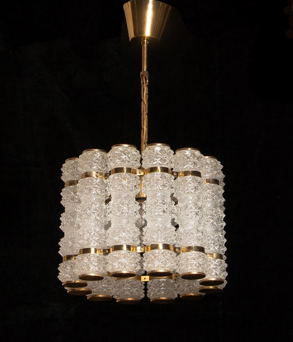 Crystal and Brass Cylinder Chandelier by Orrefors for Tyringe, Sweden, 1960s