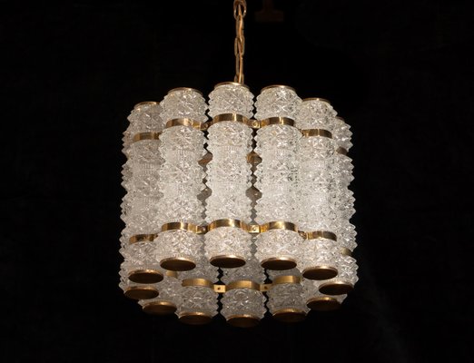 Crystal and Brass Cylinder Chandelier by Orrefors for Tyringe, Sweden, 1960s-JE-865633