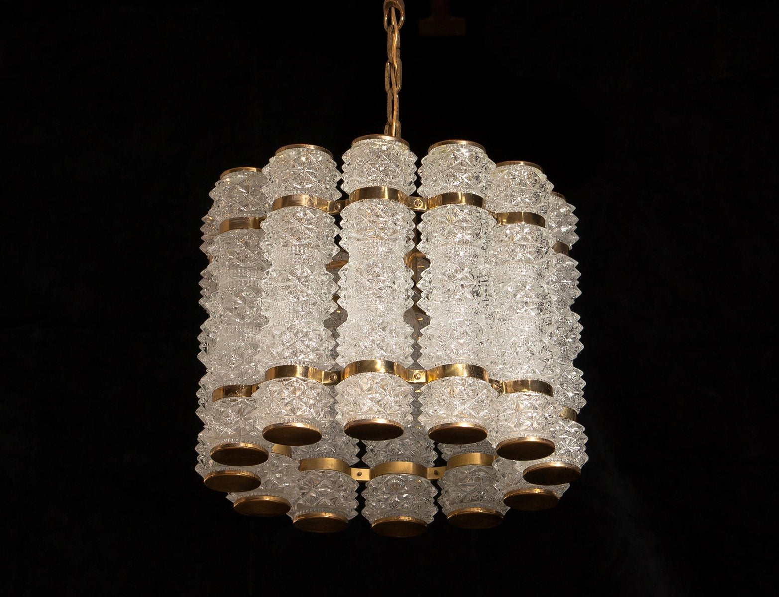 Crystal and Brass Cylinder Chandelier by Orrefors for Tyringe, Sweden, 1960s