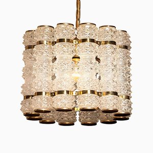 Crystal and Brass Cylinder Chandelier by Orrefors for Tyringe, Sweden, 1960s-JE-865633