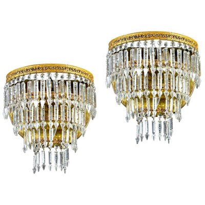 Crystal and Brass Sconces or Wall Lights, Italy, 1940s, Set of 2-MBH-1032505