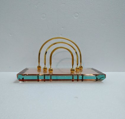 Crystal Glass and Brass Desk Pen Holder and Paperweight from Saint Gobain France, 1970s, Set of 2-ZST-1166494