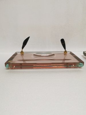 Crystal Glass and Brass Desk Pen Holder and Paperweight from Saint Gobain France, 1970s, Set of 2-ZST-1166494