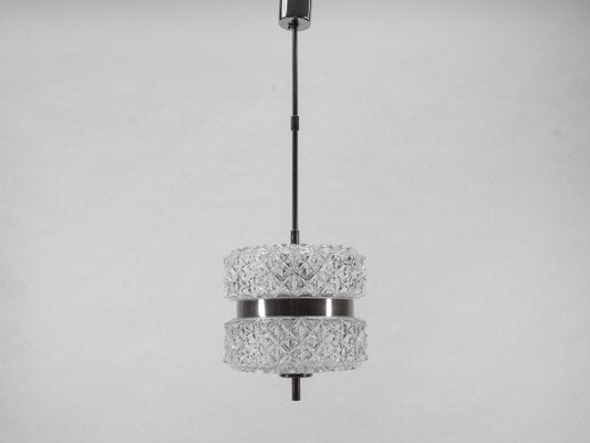 Crystal Glass Hanging Lamp with Chrome Ring, 1970s-KQB-1436425