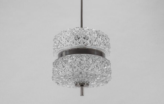 Crystal Glass Hanging Lamp with Chrome Ring, 1970s-KQB-1436425