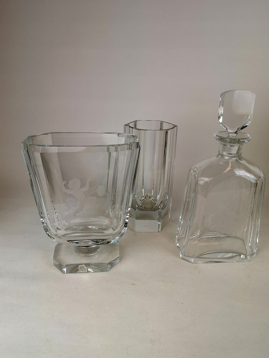 Crystal Glasses and Carafe by Elis Bergh for Kosta, Sweden, 1930s, Set of 3