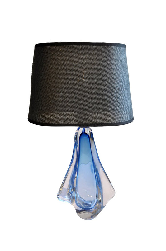 Crystal Table Lamp in Blue with Marble Look Shade from Val Saint Lambert