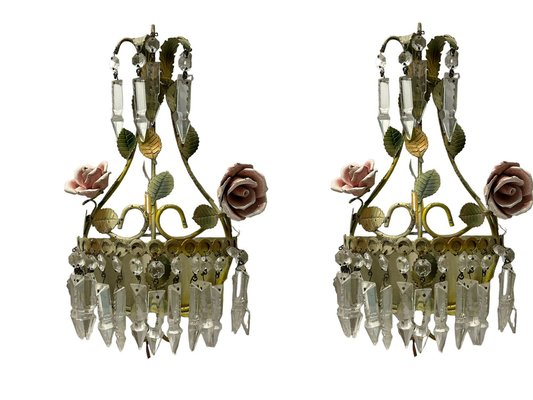 Crystal Tole Ceramic Flower Sconces, 1960s, Set of 2-JJC-1756599