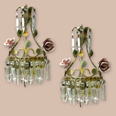 Crystal Tole Ceramic Flower Sconces, 1960s, Set of 2-JJC-1756599