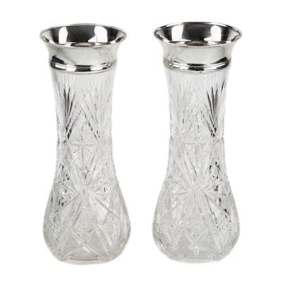 Crystal Vases with Silver Trims, Russia, 1908-1920, Set of 2-WMV-1767211