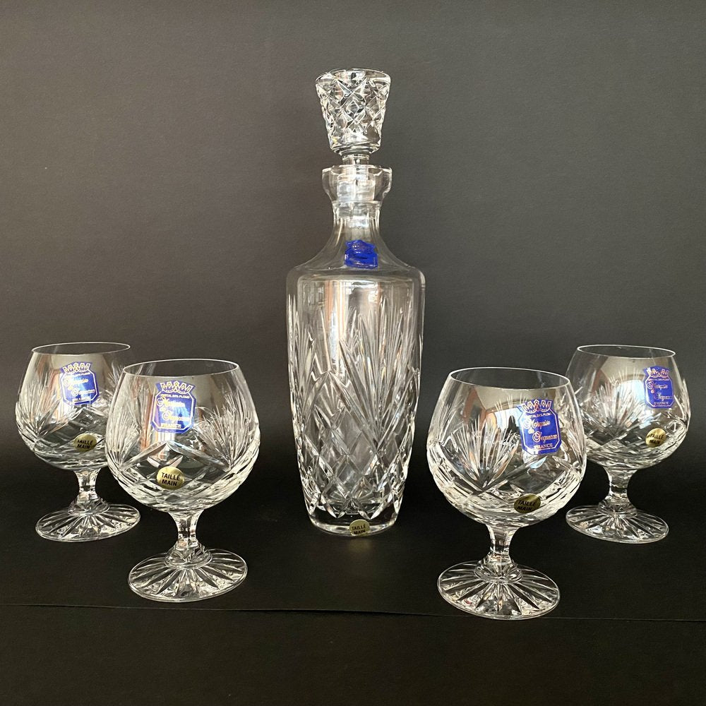 Crystal Wine Glasses & Carafe with Stopper from Marquise De Jegonras, France, 1980s, Set of 5