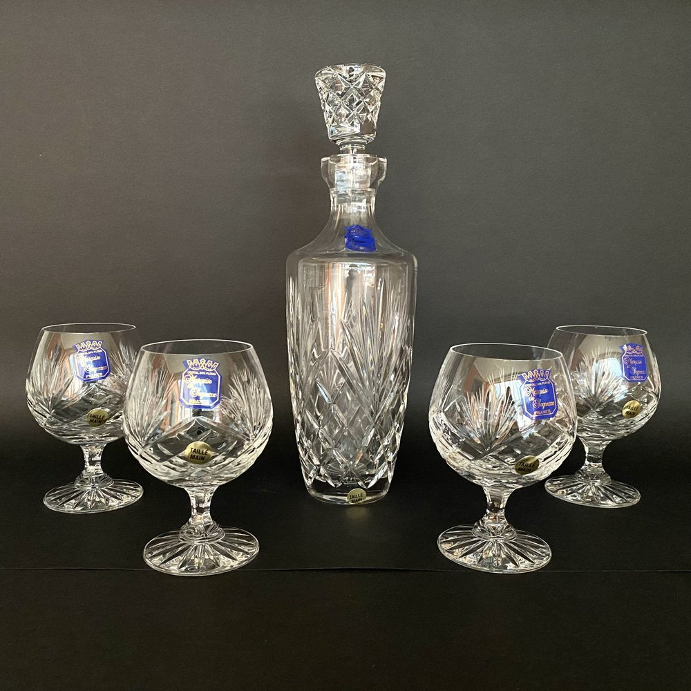 Crystal Wine Glasses & Carafe with Stopper from Marquise De Jegonras, France, 1980s, Set of 5