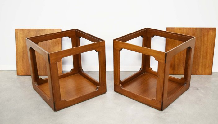 Cubic Walnut Side Tables, Italy, 1960s, Set of 2-WF-1451094