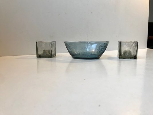 Cubist Candleholders and Bowl Set by Per Lütken for Holmegaard, 1970s, Set of 3-LCR-666522