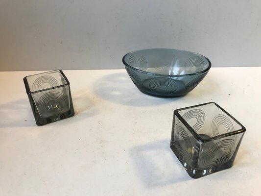 Cubist Candleholders and Bowl Set by Per Lütken for Holmegaard, 1970s, Set of 3-LCR-666522