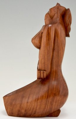 Cubist Hand Carved Wooden Sculpture of a Seated Nude France, 1960-KTN-840566