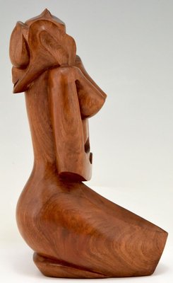 Cubist Hand Carved Wooden Sculpture of a Seated Nude France, 1960-KTN-840566